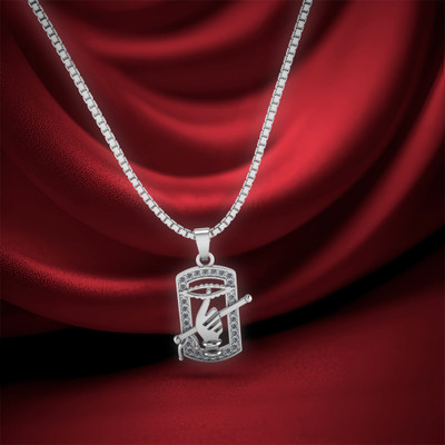 Miss Highness Shri Krishna Sudarshan Chakra flute pendant with Silver Link Chain Cubic Zirconia Rhodium Plated Sterling Silver Chain Set