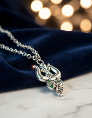 Zevoria Silver-Plated Shiji Trisul Pendant Chain for Men & Women | Devotional Jewelry Stainless Steel Chain Set