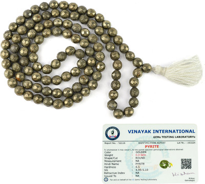 CRYSTU Certified Natural Pyrite 8 mm 108 Faceted Beads Jaap Mala/Necklace for Unisex Beads, Crystal Crystal Chain