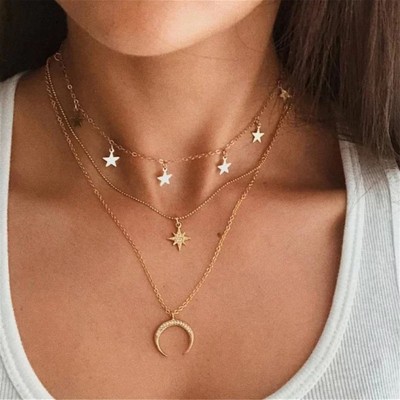 Vembley Stylish moon and star multi layered chain gold necklace for women/girl Gold-plated Plated Alloy Layered