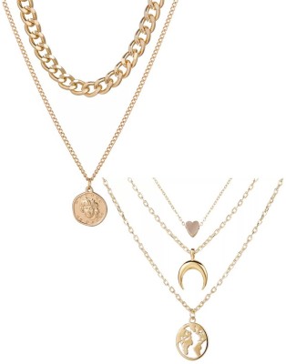Vembley Combo of 2 Gold Plated World and Coin Pendant For Women And Girls Alloy Chain