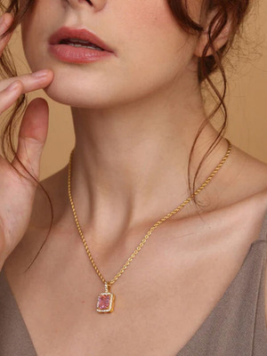 Palmonas Pink Emerald Geometric Pendant Cubic Zirconia Gold-plated Plated Stainless Steel Necklace