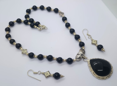 fashion flu Black Onyx Oxidized Beaded Boho Necklace & Earrings Set Party Jewellery Onyx Silver Plated Stone Necklace
