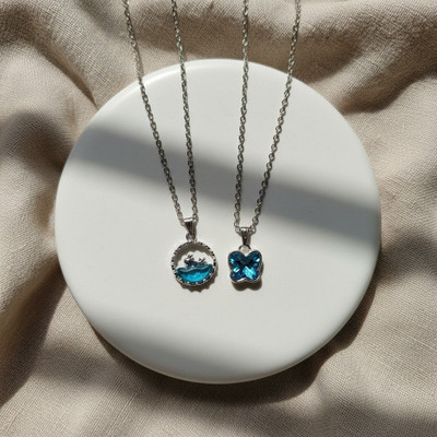 VR Divine Adorn 2 PCS Stylish Pendant Set | Blue Diamond Dolphin & Butterfly Silver Jewelry Silver Plated Stainless Steel Necklace Set