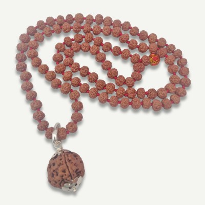 Sarvaksh 5MUKHI BROWN CHIKNA MALA(108+1)WITH 5 MUKHI NEPALI RUDRAKSHA PENDENT (SILVER) Silver Plated Wood Necklace