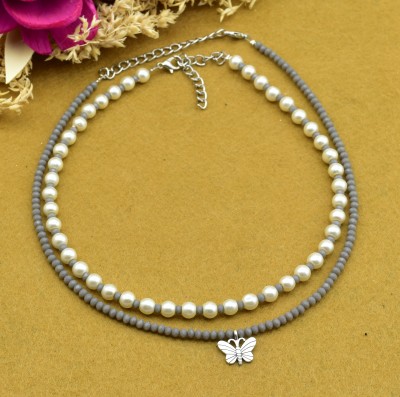 HIGH TRENDZ Trendy Layered Pearl Crystal Necklace With Butterfly Charm Silver Plated Crystal Choker