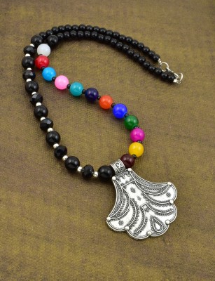 KINZA Handcrafted Oxidised Silver Plated with Multi Color Beads Necklace Beads Sterling Silver Plated Alloy Necklace