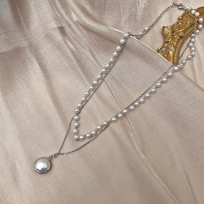 Vembley Vembley Charming Pearl Double Layered Silver Pendant Necklace Alloy Necklace