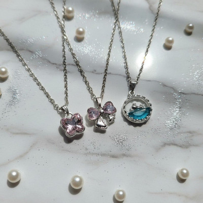 VR Divine Adorn 3 PCS Pendant Chain Set | Bow, Butterfly & Blue Ocean Dolphin Design Diamond Silver Plated Stainless Steel Chain Set