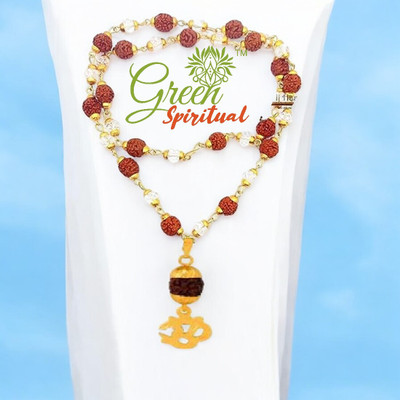 Green Spiritual Om Locket with Rudraksha Crystel Mala Sacred Symbol of Power & Protection Gold-plated Plated Wood Chain