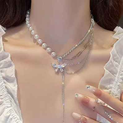 RV YUWON Rhinestone Butterfly Double Layer Pearl Necklace Sweet, Elegant & Unique Design Alloy Chain