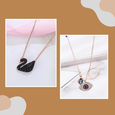 Happy Jewellery PACK OF 2 Simple Design ROSE GOLD PLATED Evil Eyes Necklace AND DUCK NECKLACE Crystal Gold-plated Plated Crystal, Stainless Steel Necklace