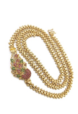 Hanaa One Gram Gold Micro Plated AD Peacock Mugappu Chain For Women & Girls 26 Inches Gold-plated Plated Copper Chain