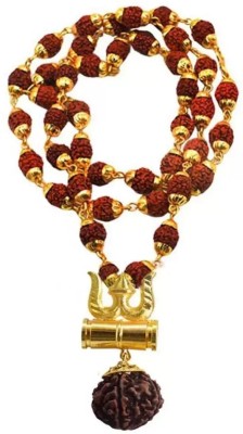 Pew Hindu Heritage Haven 5 Mukhi Rudraksha Mala With Shiv Trishul & Damru Chain Beads Brass, Gold-plated Plated Brass Chain