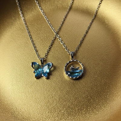 VR Divine Adorn Trendy 2 PCS Blue Crystal Butterfly & Whale Design Pendant Necklace for Women Diamond Silver Plated Stainless Steel Necklace