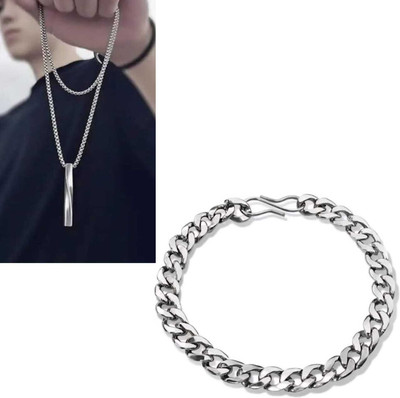 Oscar Enterprises Mens Twisted bar necklace with anker bracelet ap-01 Silver Plated Stainless Steel Chain