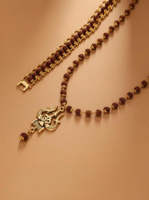 DIVINE HINDU Gold Plated Om Shiva 54 Bead Trishool Necklace | Rudraksha Brown Bracelet Combo Gold-plated Plated Wood Necklace