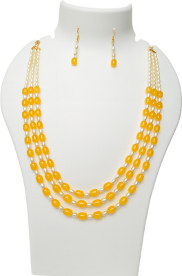 drakyjewels Elegant 3-Strand Yellow Bead & Pearl Necklace Set with Matching Earrings Glass Necklace Set