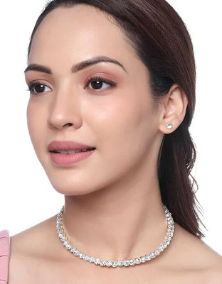 Vishal Creations Silver Chain Single Line Beautiful Round Shape Choker Necklace Cubic Zirconia Silver Plated Alloy Necklace Set