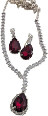 Pia Creations AD Ruby Stone Necklace and Earring set. Rhodium Plated Alloy Necklace Set