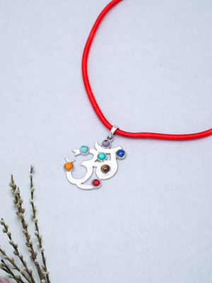 GOLDEN PEACOCK Silver-Toned Blue & Red Stone-Studded Om Shaped Pendant with Nylon Cord Cubic Zirconia Rhodium Plated Alloy Chain
