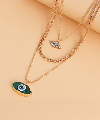 DESTINY JEWEL'S Gold Plated Stone Décor Green Evil Eye Multi-Layered Necklace For Women & Girls Crystal Gold-plated Plated Alloy Necklace