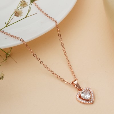 BISHTY Sparkling Rose Gold Heart Pendant Chain for Girls|Birthday Anniversary Gift Cubic Zirconia Rhodium Plated Stainless Steel Chain