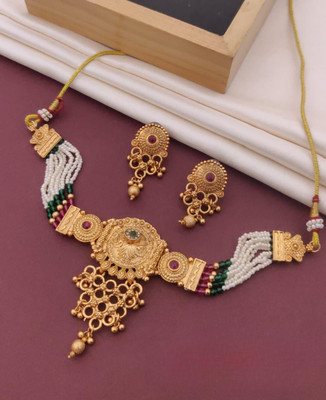 immitation Cultural: Antique Finish Temple Jewelry Inspired Beaded Choker Set Gold-plated Plated Metal Necklace Set
