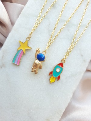 EnlightenMani Shooting Star, Astronaut, Rocket Necklaces pack of 3 Gold-plated Plated Alloy Chain Set