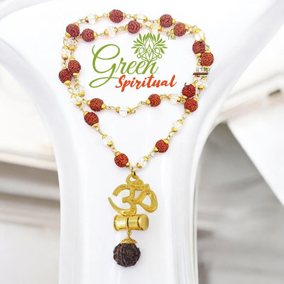Green Spiritual Om Damru Locket with Rudraksha Crystel Mala Sacred Symbol of Power & Protection Gold-plated Plated Wood Chain
