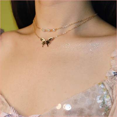 JDENTERPRISES Double Layered Pearls Butterfly Pendant Gold-plated Plated Alloy Necklace