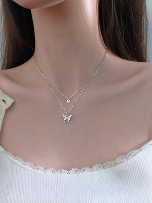 DESTINY JEWEL'S Luxury Double Layer Diamond-Set Refined Butterfly Crystal Silver Plated Alloy Necklace