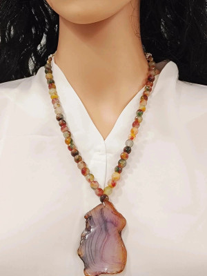 rich & famous Khadi India Single Line Multi Agate 8mm with Big Stone Rock Cut Pendant Agate Crystal Necklace