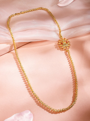 RUBANS 22K Gold-Plated Handcrafted Long Necklace with Ruby Pink Accented Side Pendant Gold-plated Plated Brass Necklace