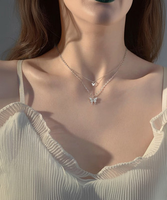 darpan Beautiful Double Layer Butterfly Neckchain Zircon Silver Plated Alloy Layered