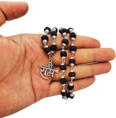 Kuttumb Gems & Jewels Black Rudraksha Mala in Silver Designer Caps Natural Rudraksha Beads Beads Silver Plated Brass, Wood Chain