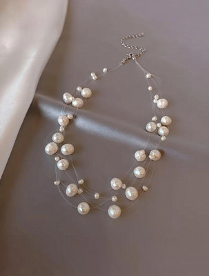 city sign Elegant Floating Pearl Necklace for Women & Girls – Transparent String Design Brass Necklace