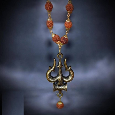 Green Spiritual Shiv Trshul mala Gold-Plated Locket Pendant rudraksha Gold-plated Plated Wood Chain