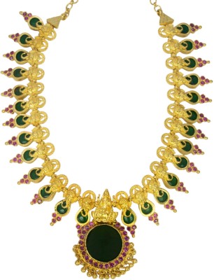 Kollam Supreme Ganesha Lakshmi Ruby Studded Green Enamel Necklace Gold-plated Plated Brass Choker