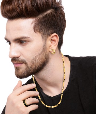 Fashion Frill Stainless Steel Golden Chain Magnet Earring And Gold Black Ring Combo Pack Of 3 For Men & Boys Gold-plated Plated Stainless Steel Chain Set