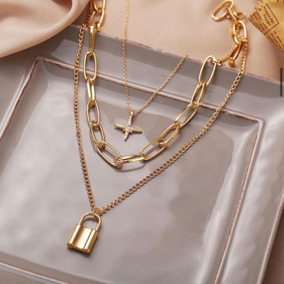 Vembley New Design Attractive Triple Layered Heart & Star Lock Pandent For Girls Gold-plated Plated Alloy Necklace