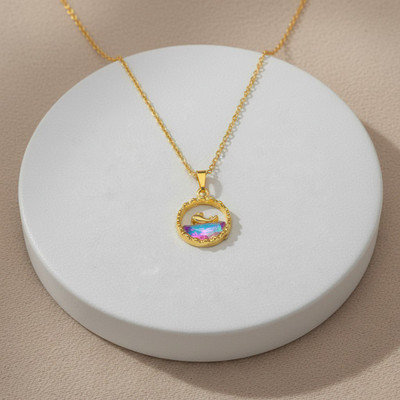 VR Divine Adorn Shiny Gold Dolphin Charm Pendant with Eye-Catching Multicolor Crystal Silver Plated Stainless Steel Chain