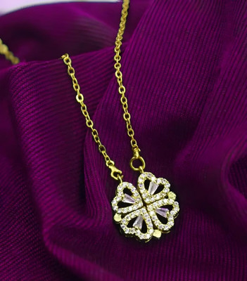 BMIWORLD Gold Foldable Pendant Four Heart Two Diamond Chain Magnetic Two-Wear Chain Cubic Zirconia Gold-plated Plated Brass Chain