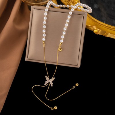 Thrillz Golden Chain Necklace For Women Pearl Butterfly Chain Necklace For Women Girls Gold-plated Plated Stainless Steel Chain