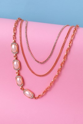 Cierra 3 Layared White pearl Stone Studded Side Pendants with Link Chain Necklace Alloy Chain Set