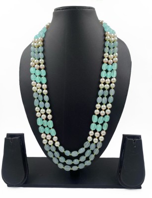 Sivori Triple Layered Long Pearls Necklace for women and Sherwani Mala- Blue, Grey Jade Gold-plated Plated Stone Necklace