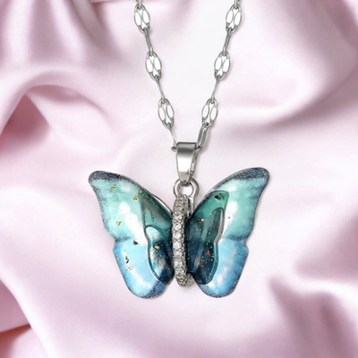 Nilu's Collection Butterfly Pendant with Link Chain, Cubic Zircon Pendant Chain for Women (Silver) Cubic Zirconia Silver Plated Alloy Chain