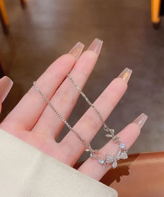 KALAM Korean Bow Shaped Cubic Zirconia, Diamond Silver Plated Alloy Necklace