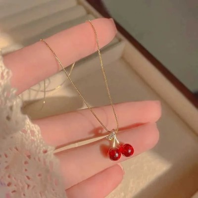 JRISSY Charm red cherry pendent gold charm necklace Gold-plated Plated Alloy Chain