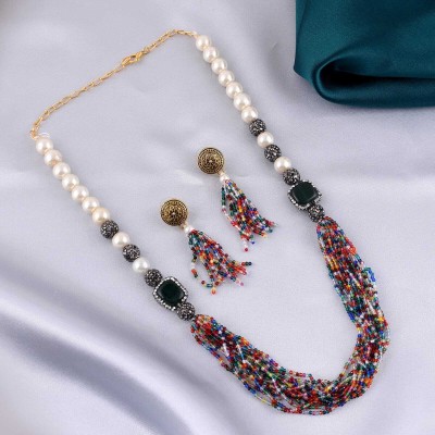 TJC Multicolor Crystal, Pearls Beads Gold Plated Onyx With CZ Necklace Jewellery Onyx, Pearl, Cubic Zirconia, Crystal Gold-plated Plated Brass, Stone Necklace Set